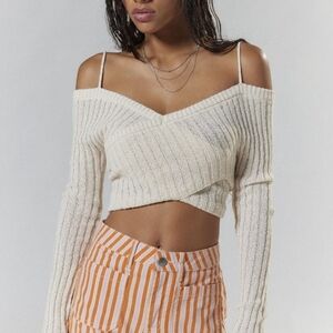 Womens Ivory Silence + Noise Delaney Off-The-Shoulder Cropped Sweater LARGE